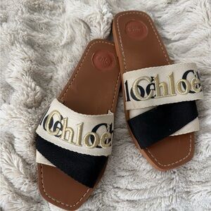 Chloe Beige and Black Slide Sandals